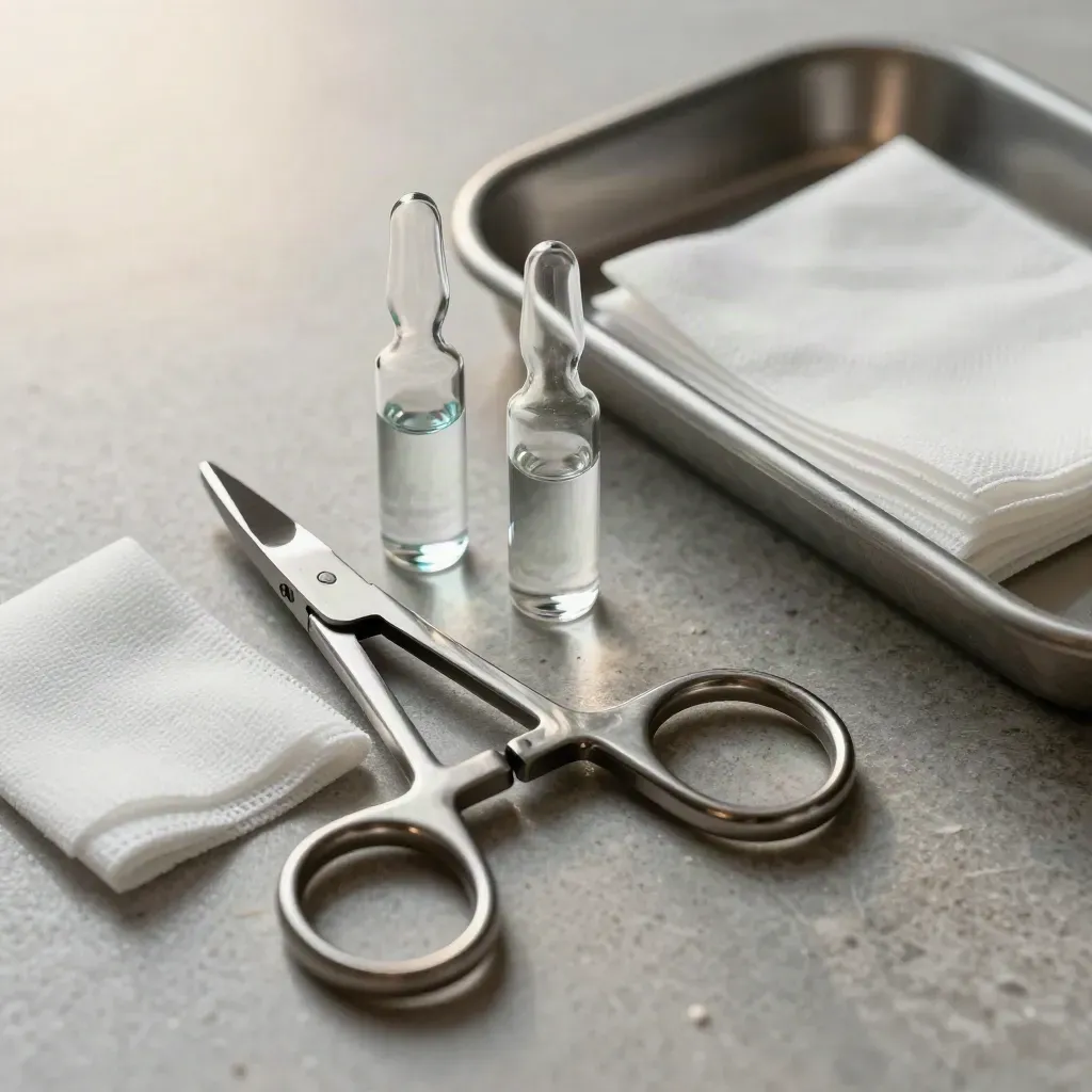 Surgical clamps, vials and gauze arranged on stone in a premium top-down medical still life.