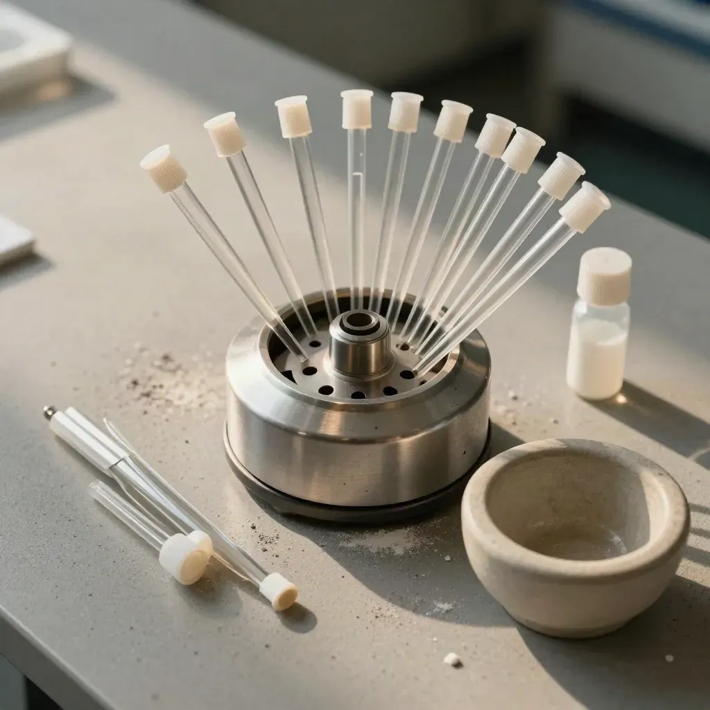 Lab pipettes, centrifuge rotor, sample vials and mortar ring on pale concrete in soft light.
