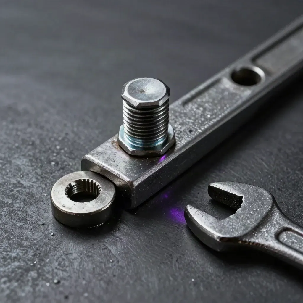 Rail fastener, coupling pin, washer and wrench head on brushed steel, lit like a premium still life.