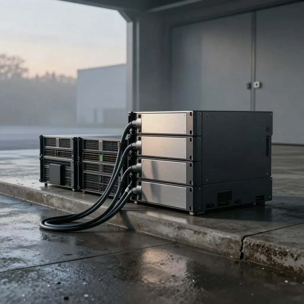 Wet loading-bay hero: rack server, NVMe caddies, fiber coil, backup tape, and aluminum blanks in mist.