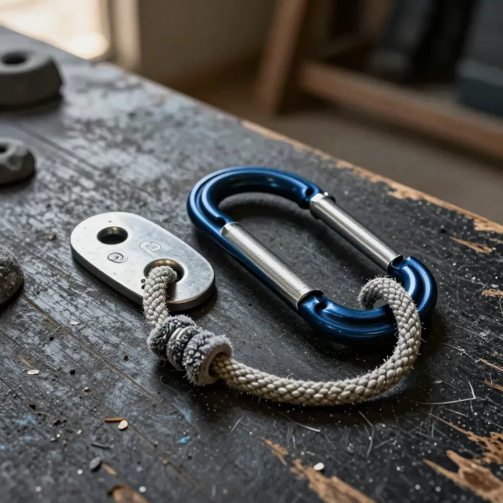 An anodized carabiner, belay plate, cord loop, and chalky rope end on blackened wood.