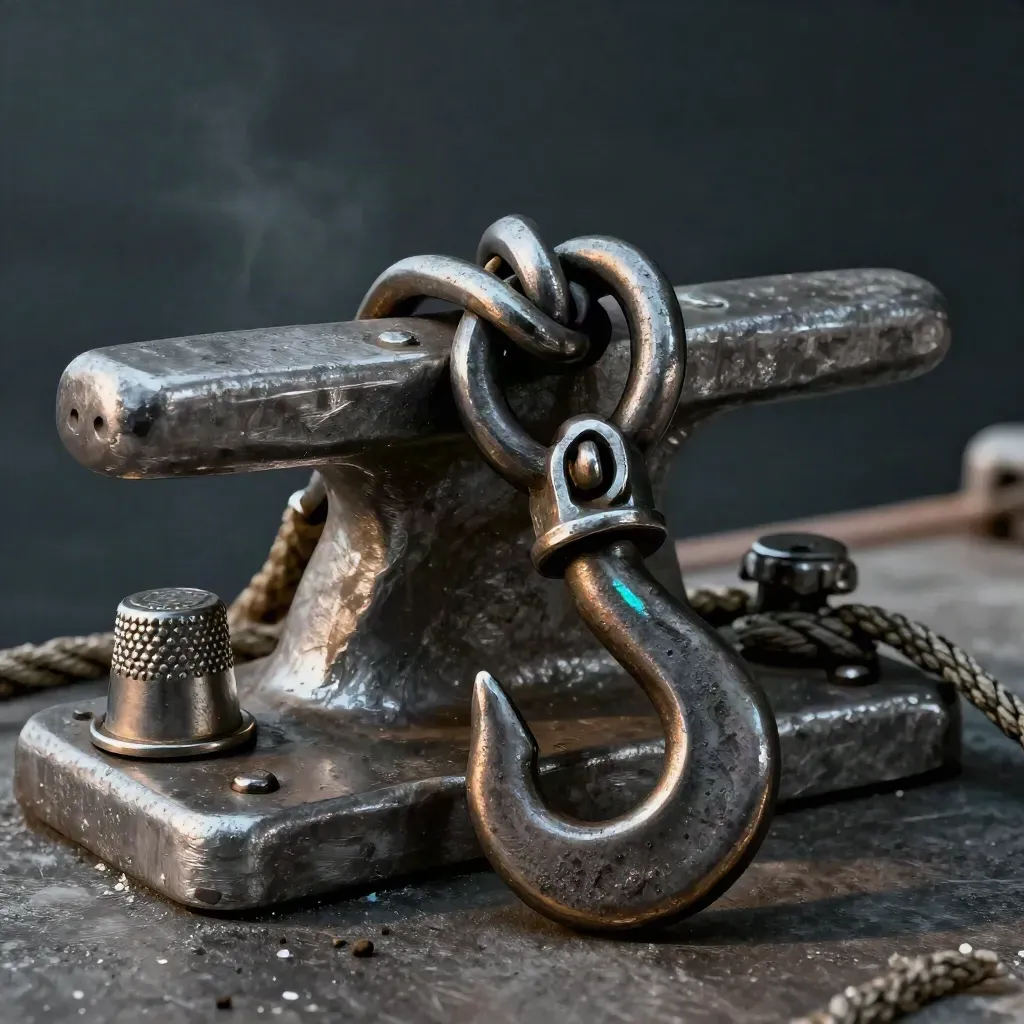 Marine hardware still life: shackles, cleat, rope thimble and hook on brushed aluminum.