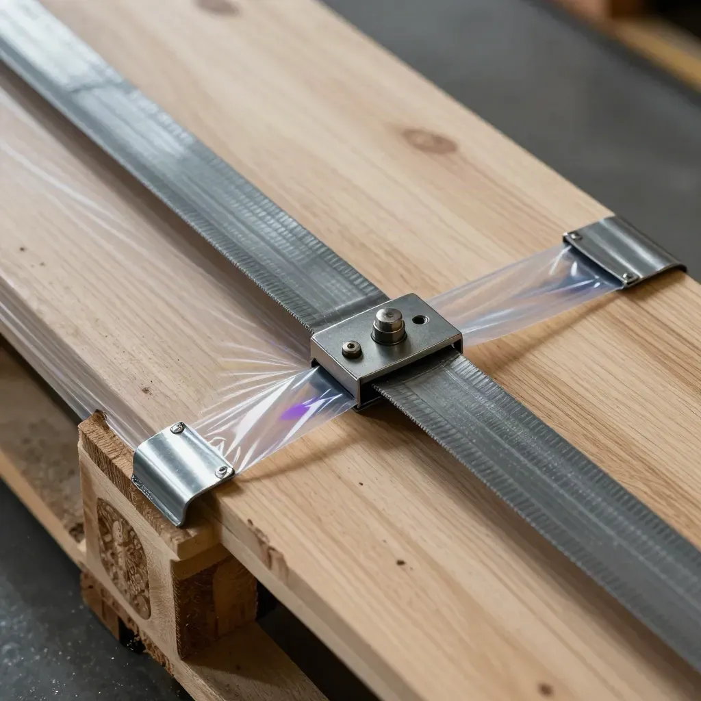 Macro of packing straps, corner protectors, metal corners, and shrink wrap on oak