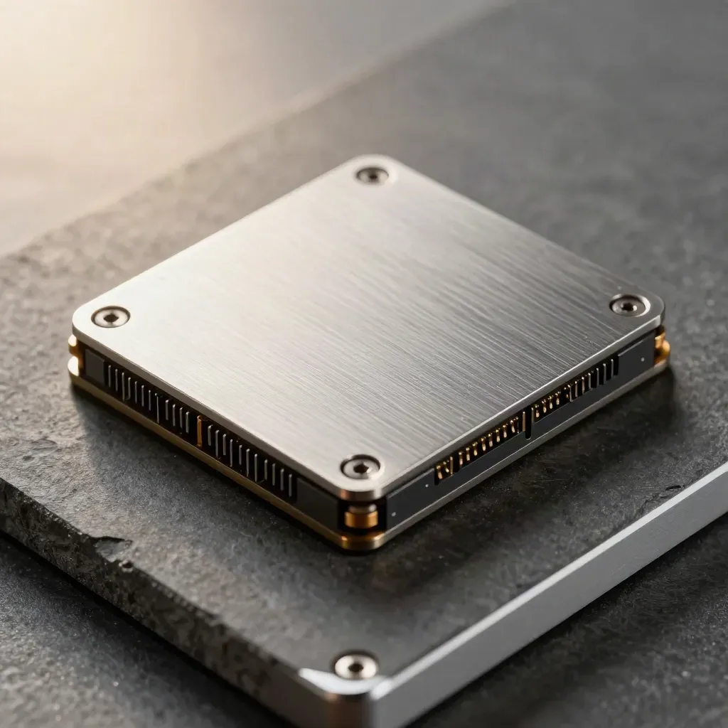 Top-down macro of an SSD seated in an aluminum drive caddy with two cooling fins.