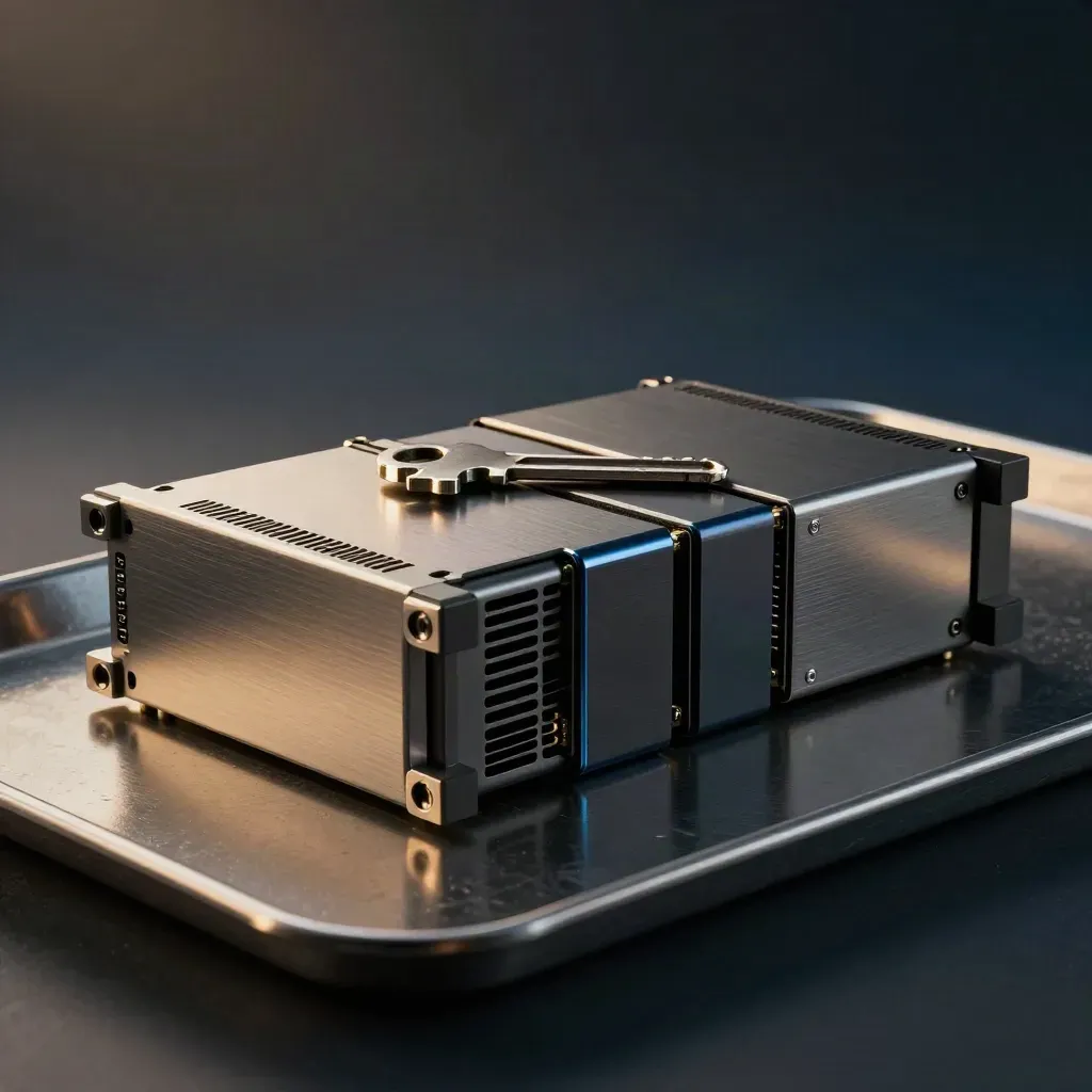 Two server blades with spacer blocks on a dark tray, lit in a dramatic studio still life.