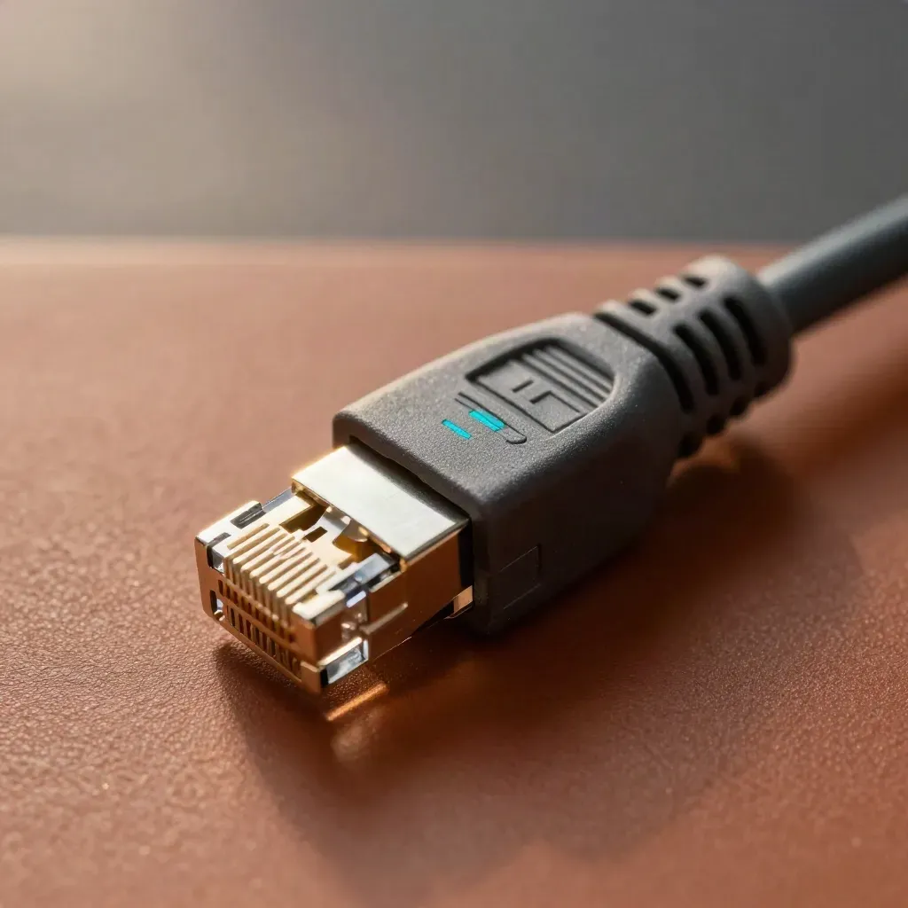 Macro of an ethernet patch plug beside a braided cable and aluminum release clip on terracotta graphite.
