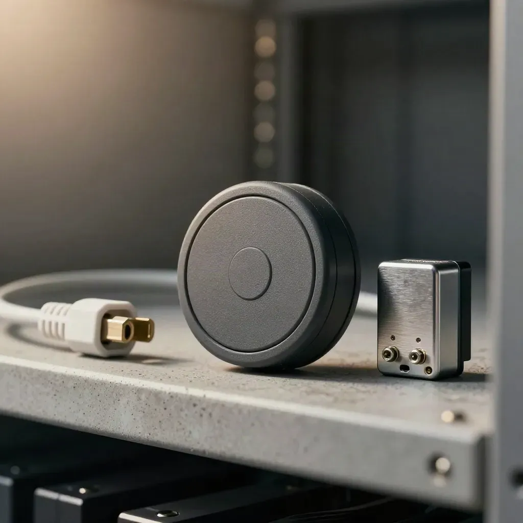 Sensor puck, loopback plug, and alarm relay on a concrete shelf in a server closet.
