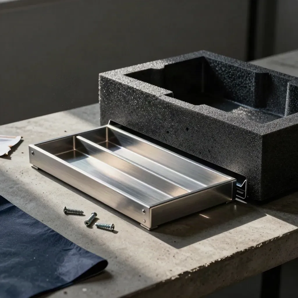 Server rails and two drive trays nestled in foam on a packing bench, lit dramatically.