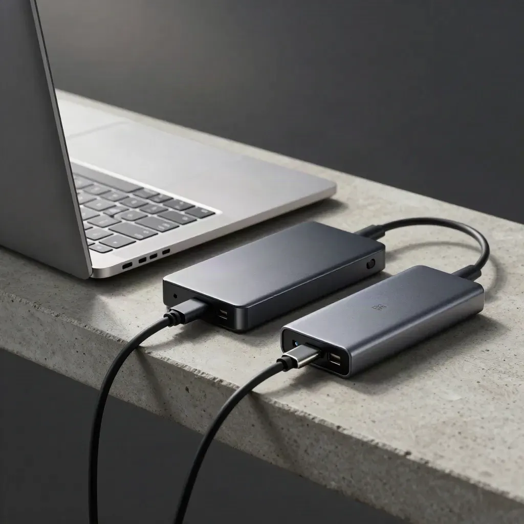 Closed laptop, SSD, router, and USB-C hub on a concrete shelf, seen through a blurred cable loop.