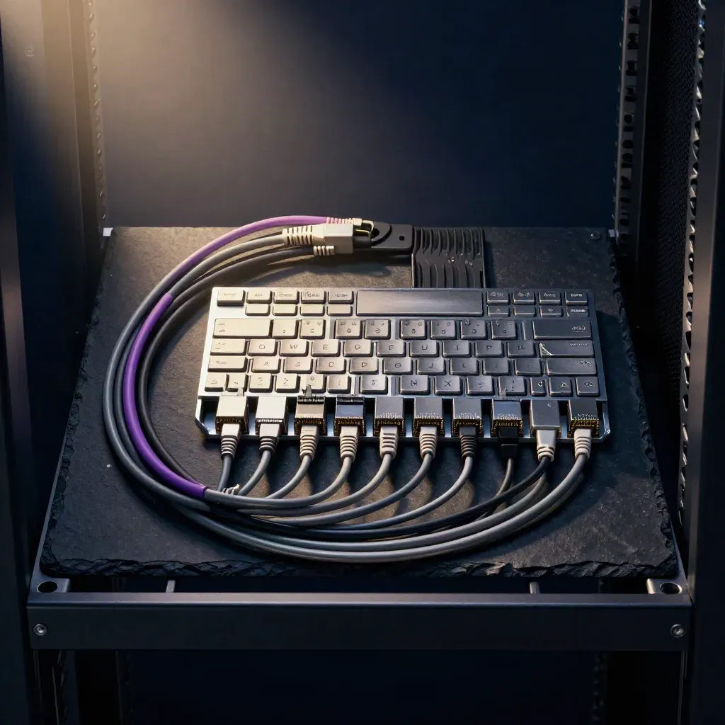 Rack keys, SFP modules, cable comb, and patch cords arranged in a dramatic server-rack still life
