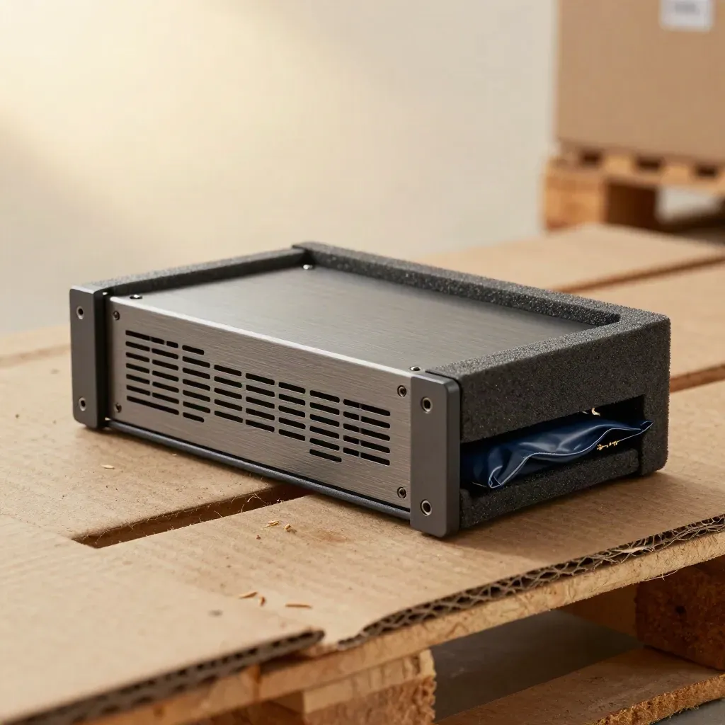 Server node in foam with anti-static bag, pallet guard, and cardboard dust in a warehouse close-up