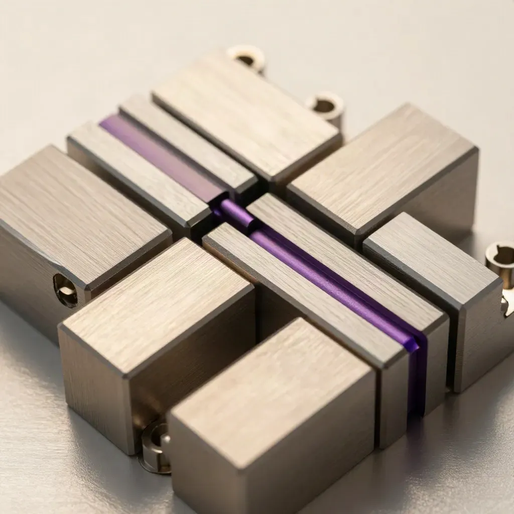Macro overhead of interlocking aluminum blocks and hex standoffs on brushed metal, with a violet accent.