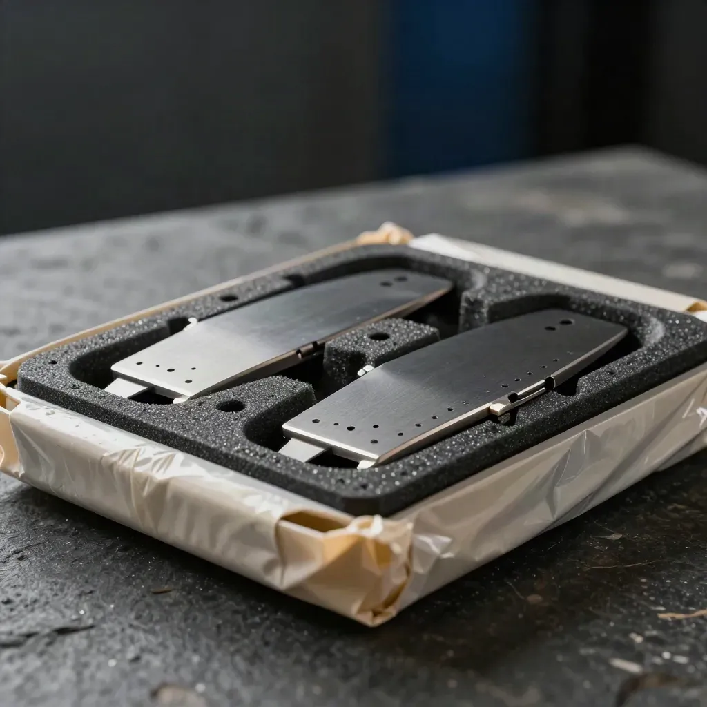 Server blades nested in foam insert with a drive sled, shot in moody premium editorial light.