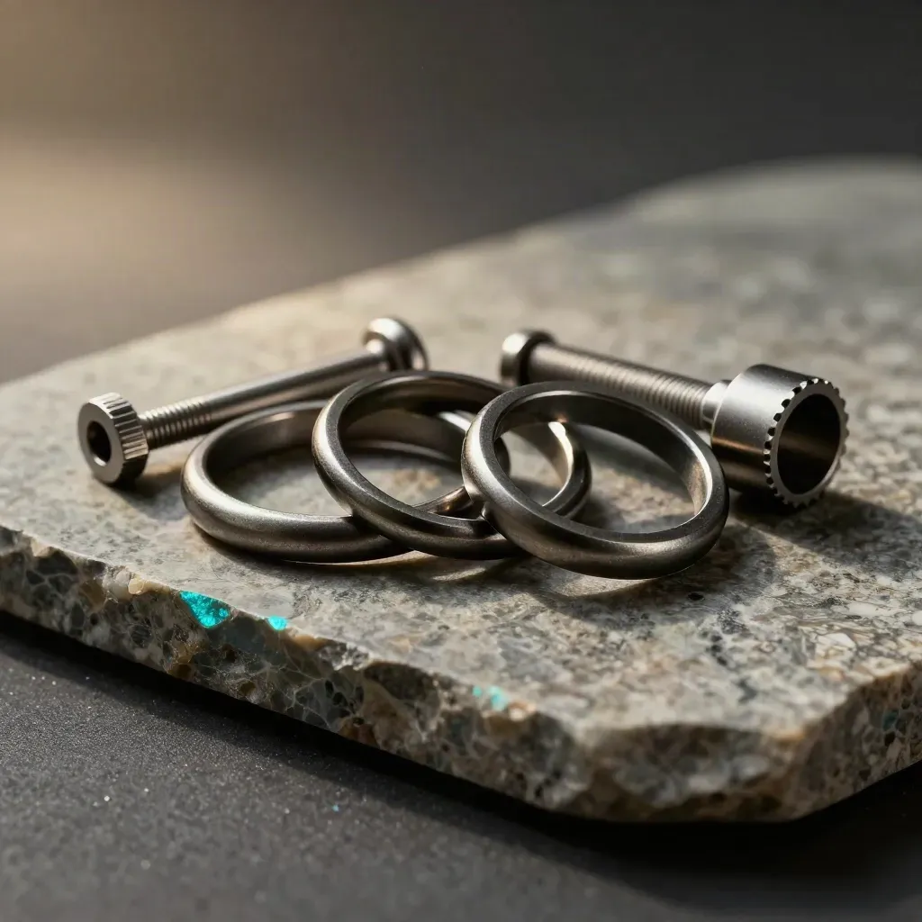 Machined rings, dowel pins and connector shell on matte stone in dramatic studio light.