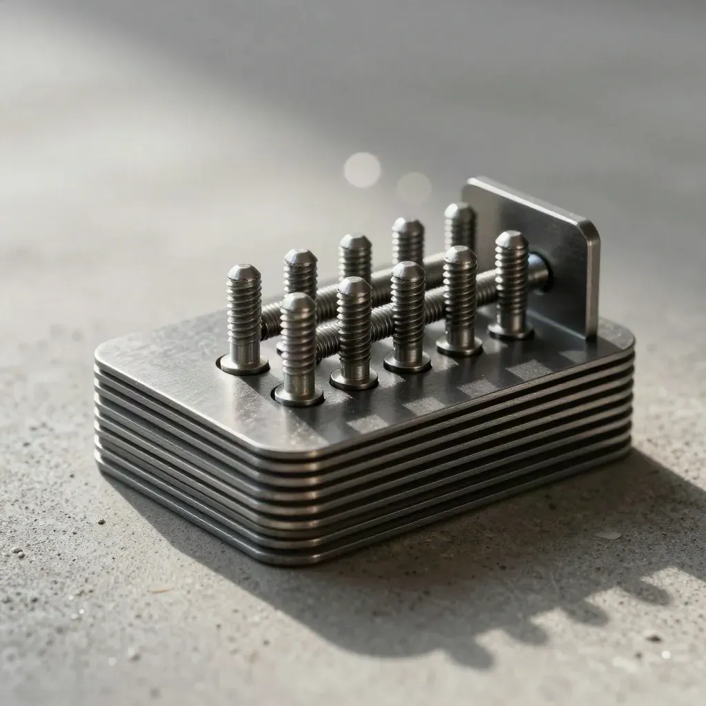 Spacer plates and alignment pins lined through a machined bracket on concrete.