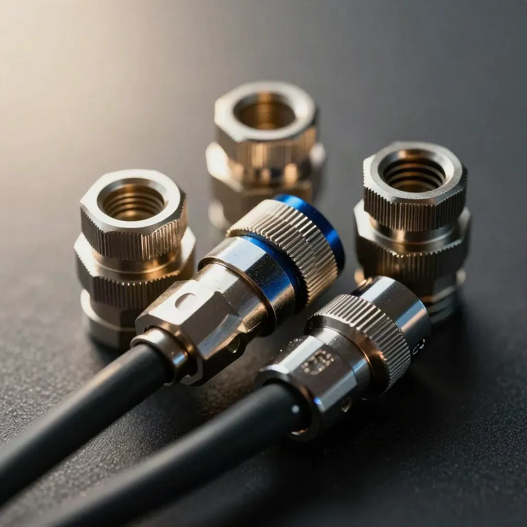 Metal cable connectors and a split coupler arranged on brushed slate in soft editorial light.