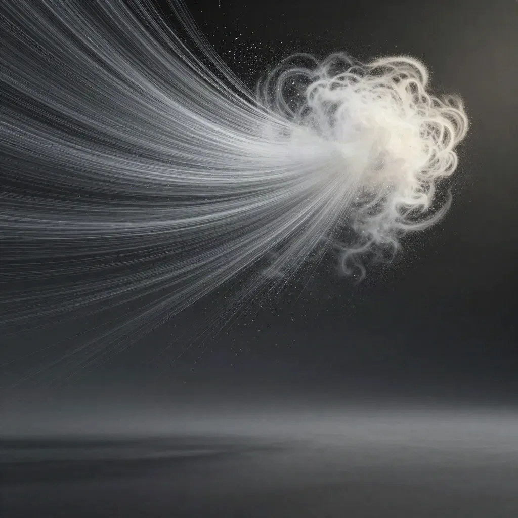 Silver filaments converge into a soft white bloom in graphite space, with empty lower third.