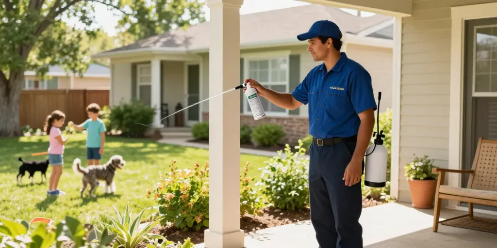 Calgary pest control technician providing eco-friendly treatment at a home